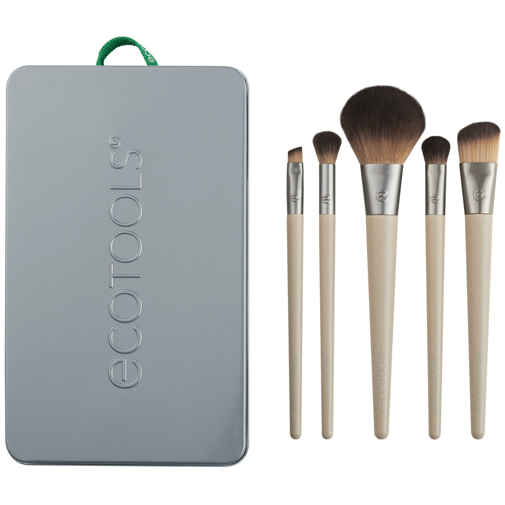 EcoTools 6 Piece Start the Day Beautifully Makeup Brush Set | Natural face and eye look, makeup brush kit for liquid cream or powder, bamboo makeup brushes, storage tin