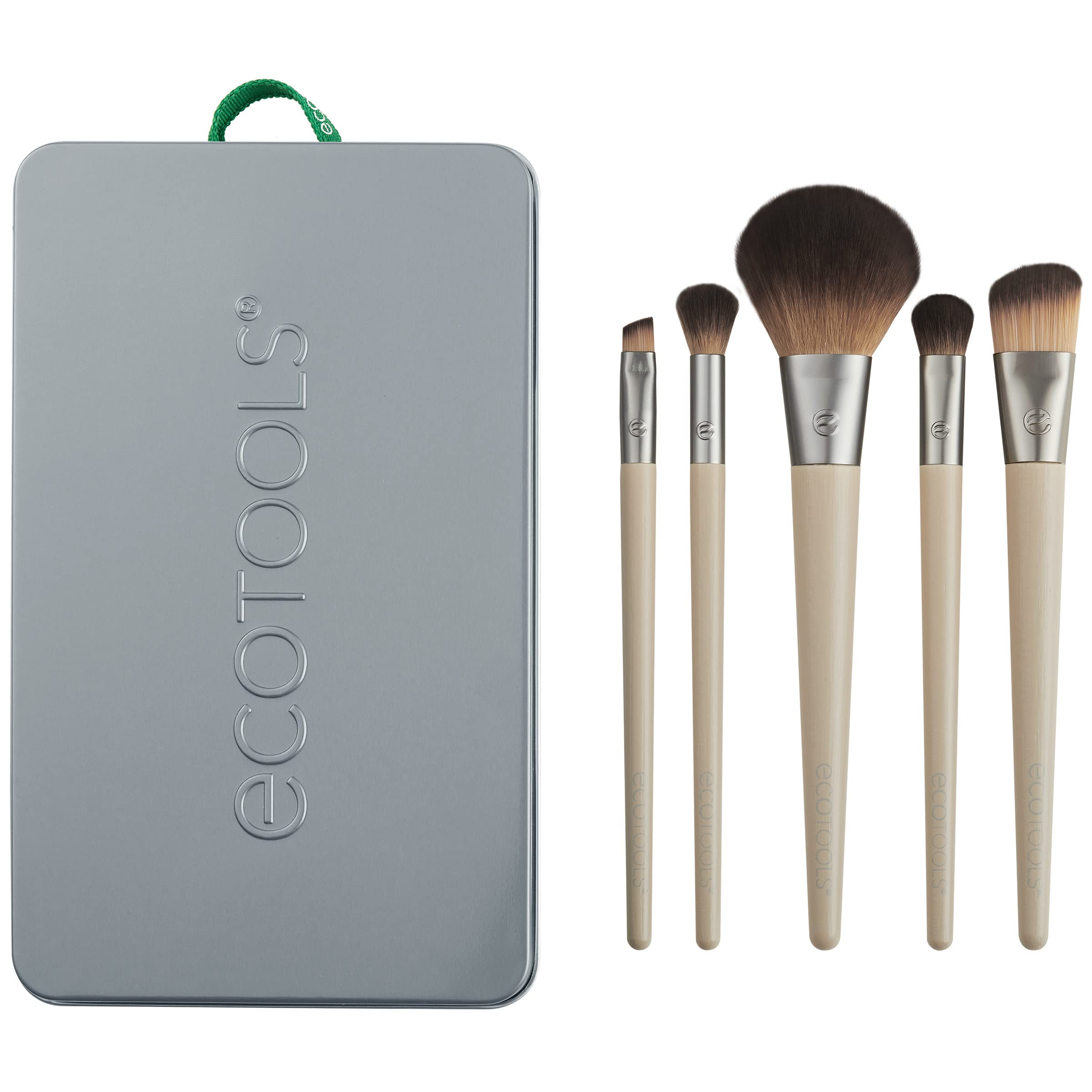 EcoTools 6 Piece Start the Day Beautifully Makeup Brush Set | Natural face and eye look, makeup brush kit for liquid cream or powder, bamboo makeup brushes, storage tin