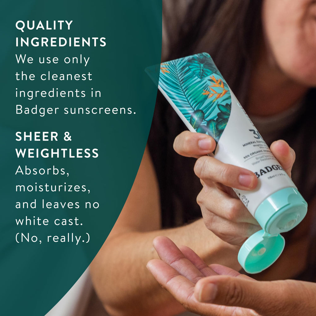 Badger Mineral Daily Sunscreen SPF 30, Zinc Oxide, Organic, 4 oz (2-Pack) | Lightweight, No White Cast, Moisturizing, Organic, Reef Safe, Vegan Unscented, Daily mineral sunscreen, Easy apply sunscreen