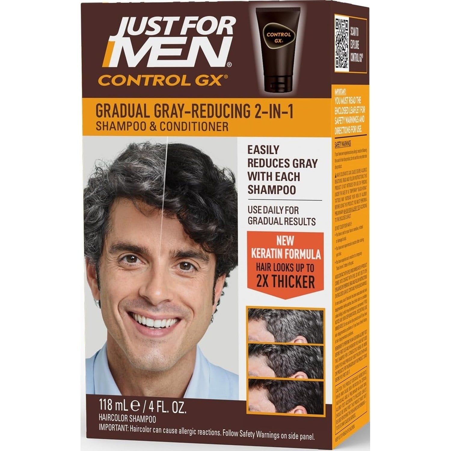 Just for Men Control GX 2-in-1 Shampoo & Conditioner, 4 Fl Oz (1 Pack) | Control GX 2-in-1 cleanses, conditions, and gradually reduces grays. Keratin strengthens and thickens hair.