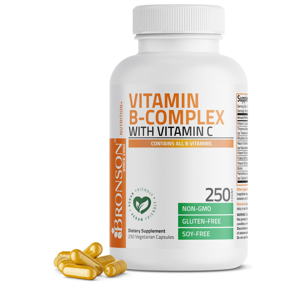 Bronson Vitamin B Complex with Vitamin C Vegetarian Capsules, 250 Count | Immune Health, Energy Support, Nervous System Support, Non-GMO, Soy-Free, Gluten-Free, Contains All B Vitamins