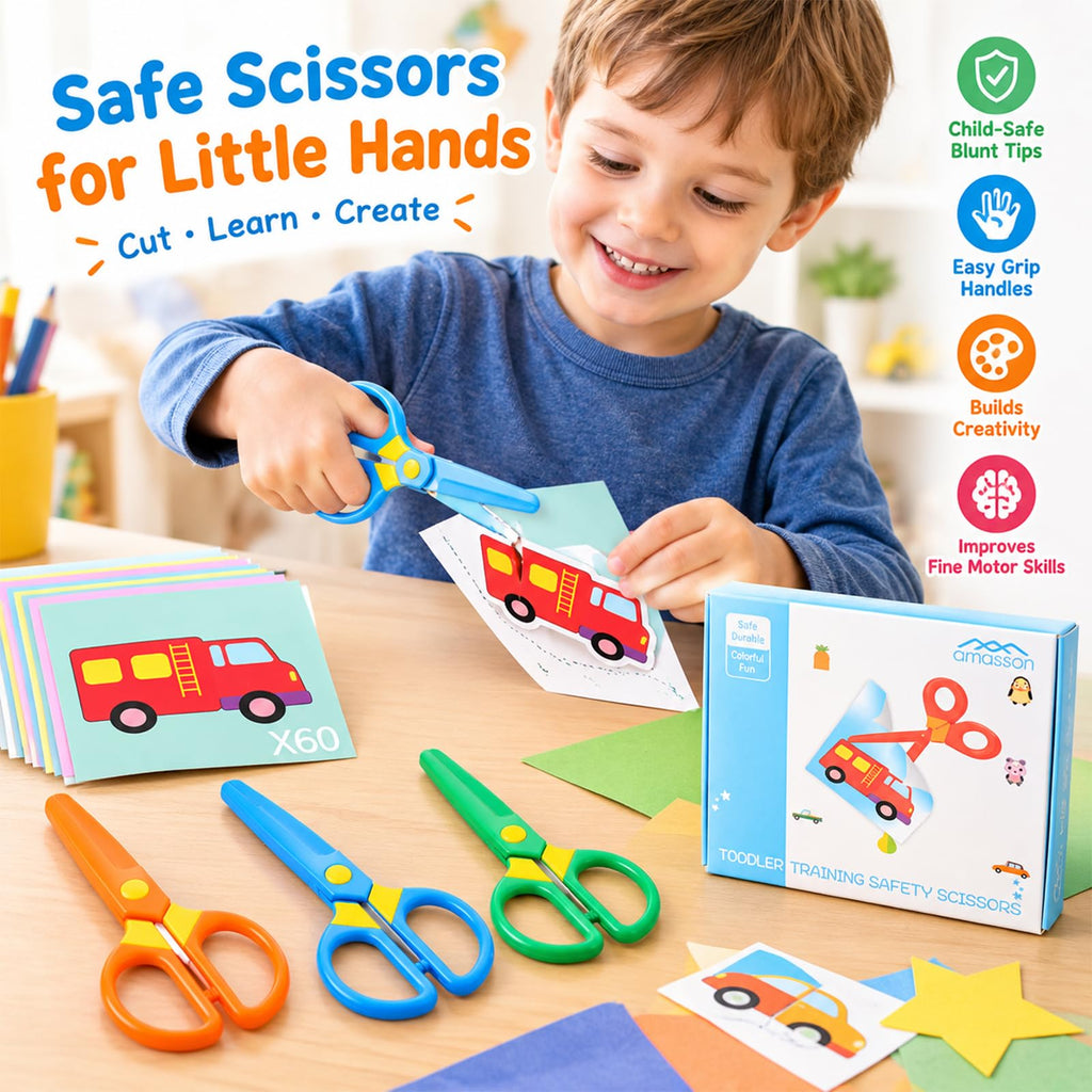 Toddler Safety Scissors, 3-Pack with 60 Craft Paper Sheets for Kids