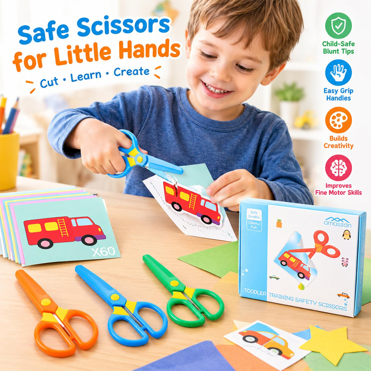Toddler Safety Scissors, 3-Pack with 60 Craft Paper Sheets for Kids