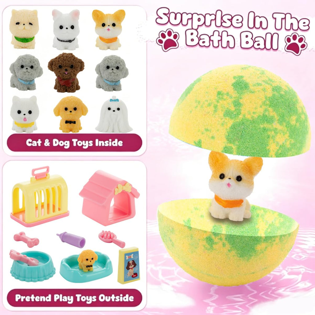 Bath Bombs for Kids with Toys Inside for Girls Boys, 9 Pack Kids Bath Bombs with Surprise Inside, Dog Pretend Playset , Birthday Christmas & Easter Basket Stuffers Gift Set with Bath Toys
