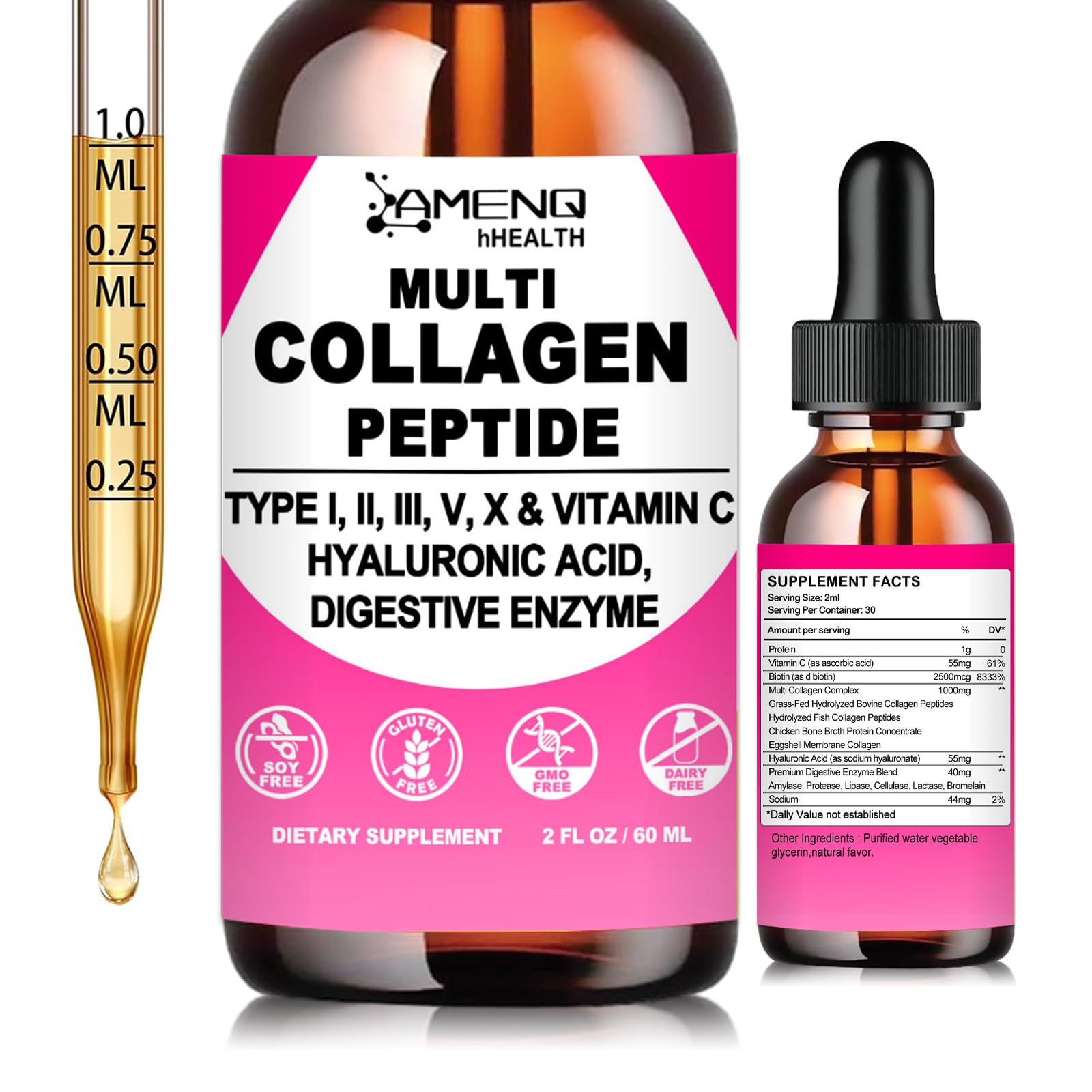 Liquid Collagen for Women & Men, Hydrolyzed Multi Collagen Peptides Drops | Types I, II, III, V & X Collagen Protein Complex (Colageno) with Hyaluronic Acid, Biotin & Vitamin C for Hair, Skin & Nails