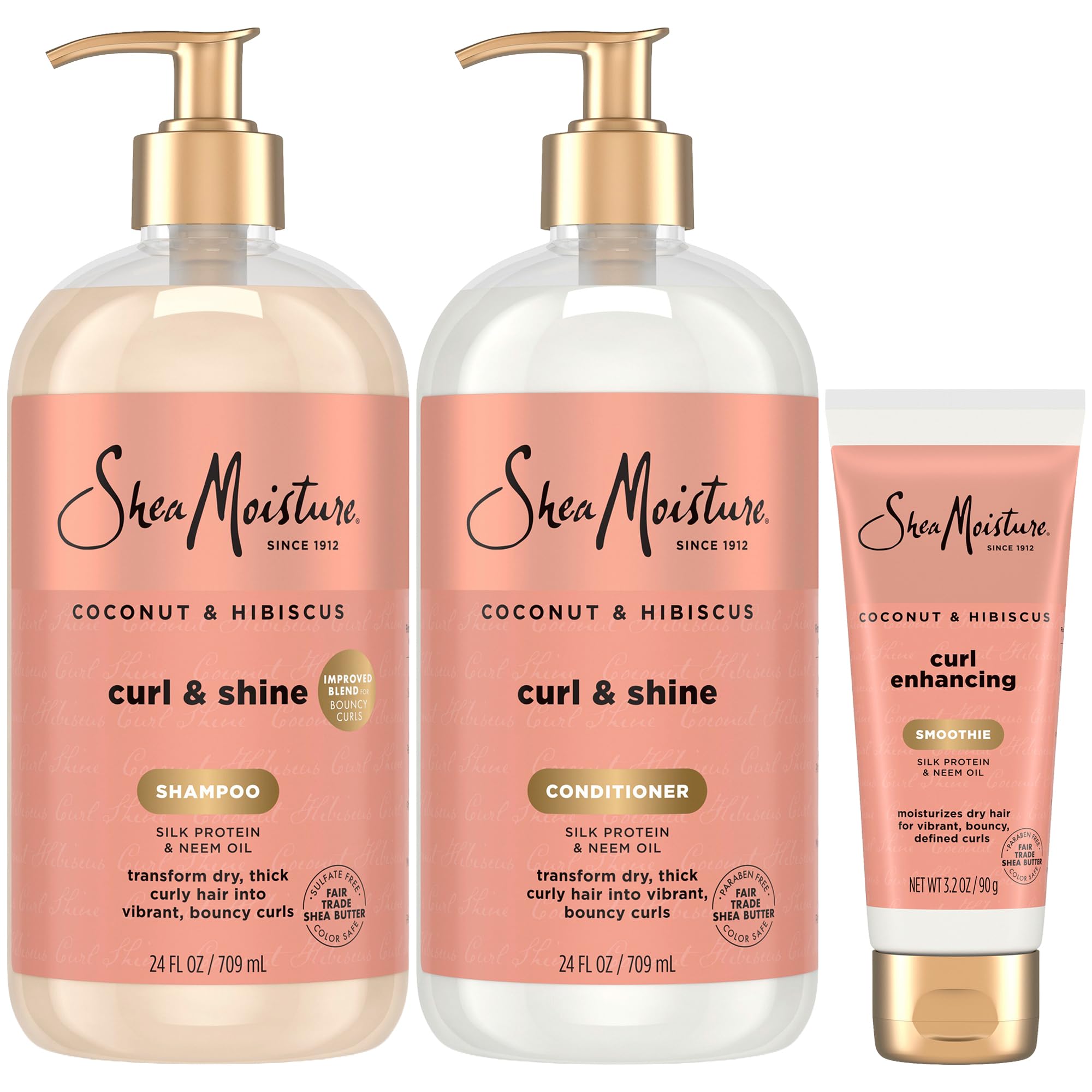 SheaMoisture Coconut & Hibiscus Curl & Shine Shampoo & Conditioner for Bouncy Curls, Frizz Control, 16 Oz Ea