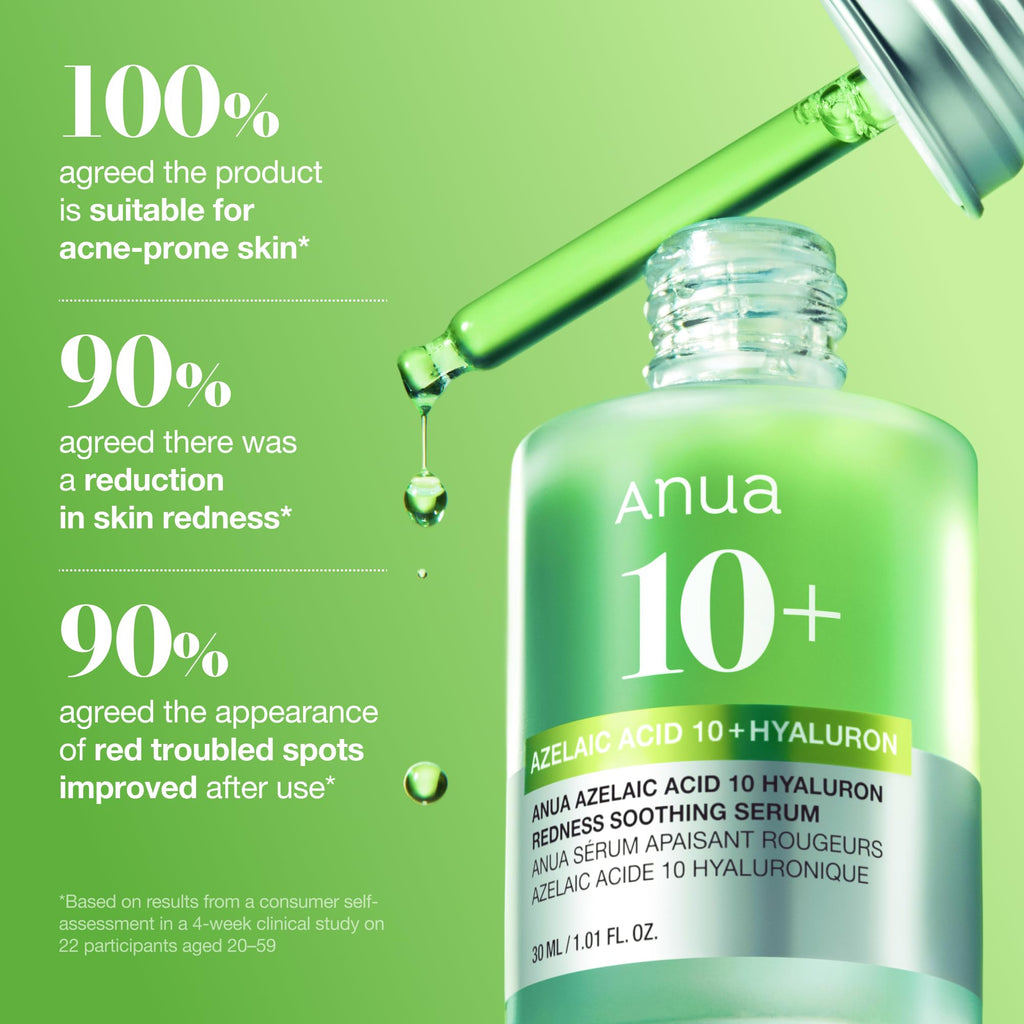 Anua Azelaic Acid 10 Hyaluron Redness Soothing Serum, 1.01 fl oz | Facial Serum for Blemish-Prone & Oily-Prone Skin, Lightweight & Hydrating Blemish Care, Hyaluronic Acid, Korean Skincare