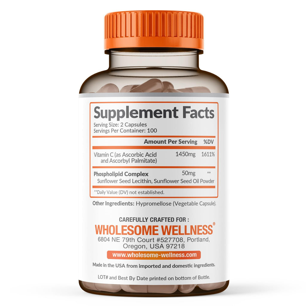 Wholesome Wellness Liposomal Vitamin C Capsules (200 Pills 1500mg Buffered) High Absorption, Immune System & Collagen Booster, High Dose Fat Soluble Immunity Support Ascorbic Acid, Natural Vegan