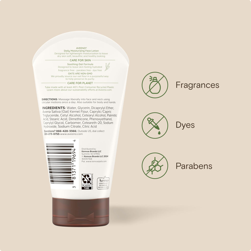 Aveeno Daily Moisturizing Face Lotion, Fragrance-Free, 5 oz | Soothing Prebiotic Oat, Lightweight Non-Greasy Facial Moisturizer, Normal to Dry, Sensitive Skin, 24-Hour Moisture