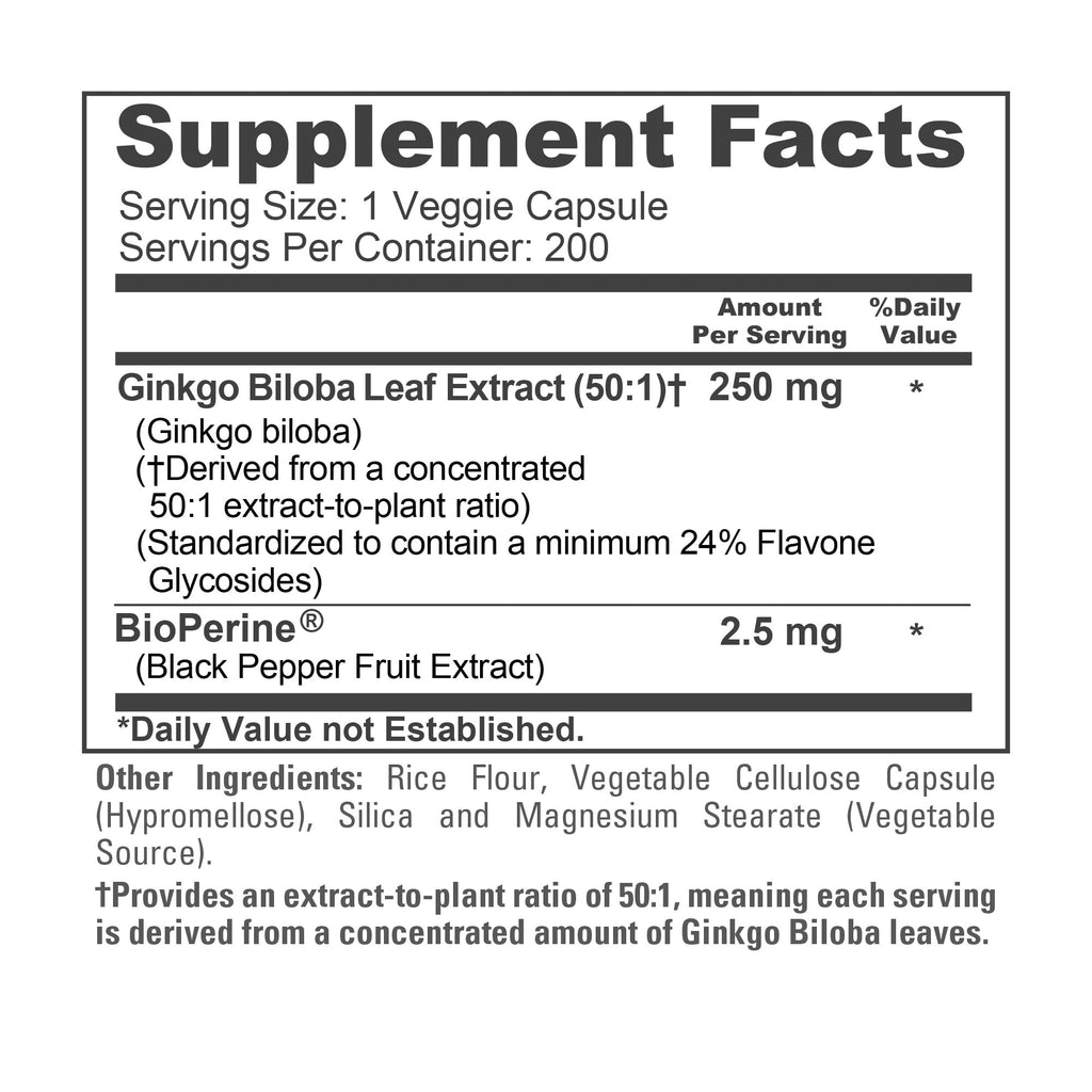 NusaPure Ginkgo Biloba, Vegan, 250mg, 200 Veggie Capsules - 200 Servings