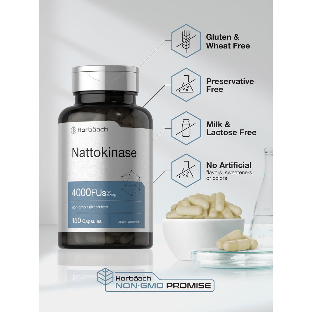 Horbäach Nattokinase Supplement 4000 FU | 150 Capsules | Non-GMO, Gluten Free