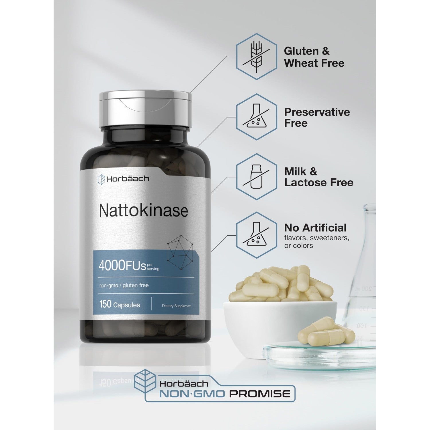 Horbäach Nattokinase Supplement 4000 FU | 150 Capsules | Non-GMO, Gluten Free