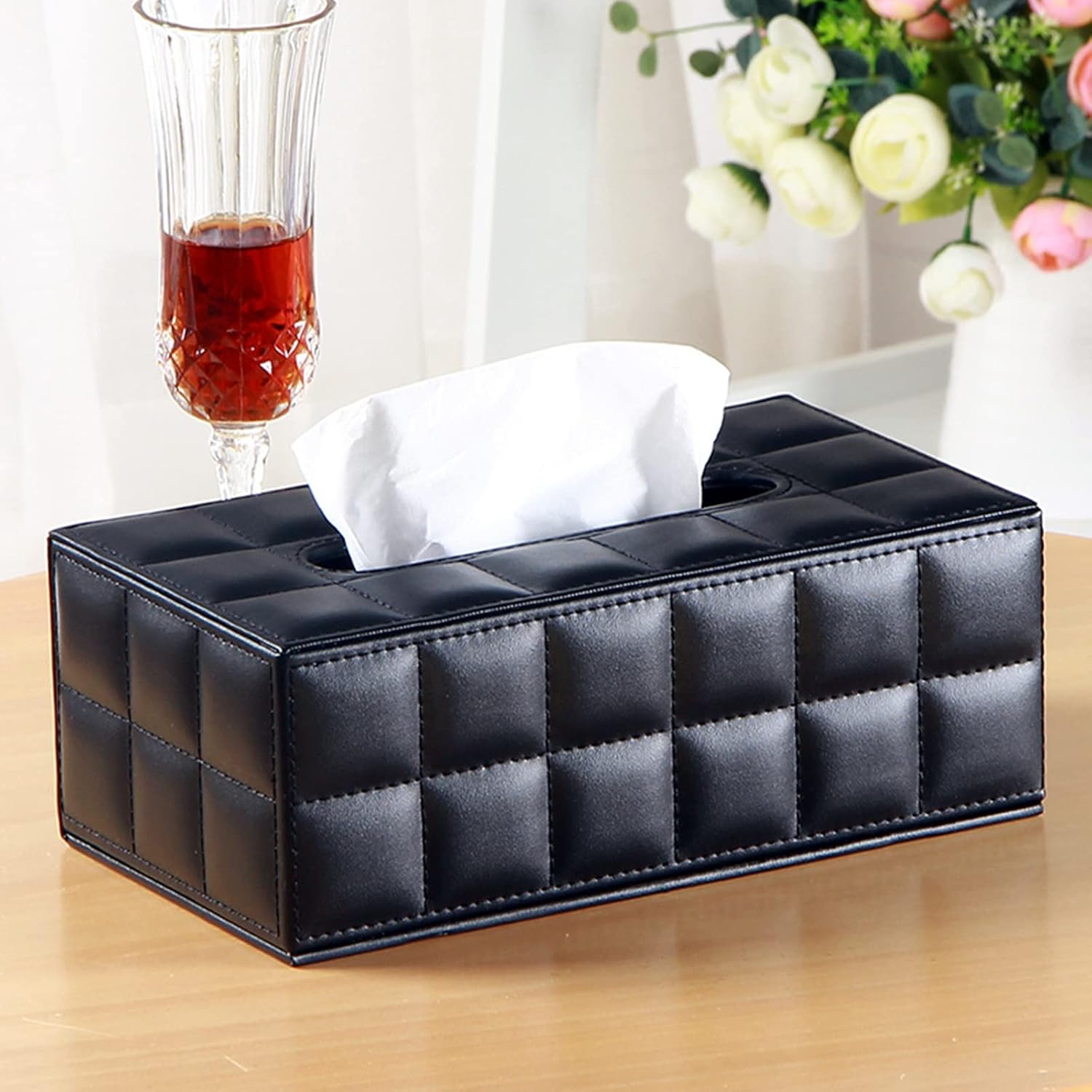 Buy now High-end Fashion PU Leather Tissue Box Holder Business Black, Rectangular Napkin Holder Drawer Paper Dispenser, Home Office Car Tissue Holder with Magnetic Bottom (Black Checkered) at indiglob india