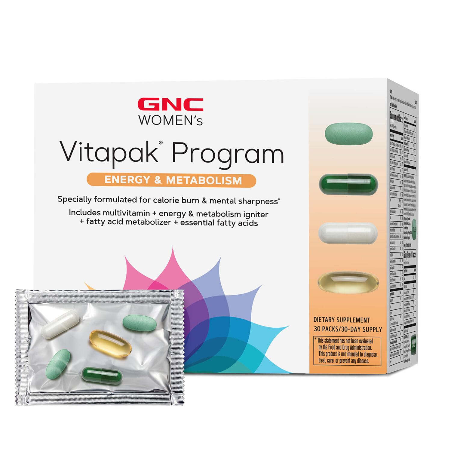 Buy now GNC Womenâ€™s Energy and Metabolism Vitapak Program, Convenient Complete Nutrition, 4 Products in 1 Packet, Calorie Burn, Mental Sharpness, 200mg Caffeine, with Proven Ingredients, Omega 3s, 30 svgs at indiglob india