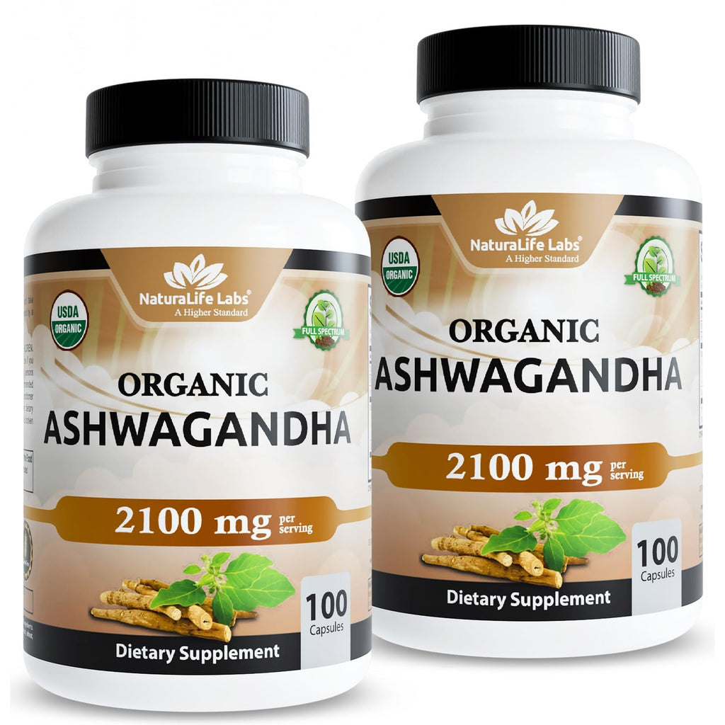NaturaLife Labs Organic Ashwagandha 2100 mg per Serving – Full Spectrum Root Powder and Standardized Extract (Withanolides) – 100 Capsules – Vegan – Non-GMO, Gluten-Free