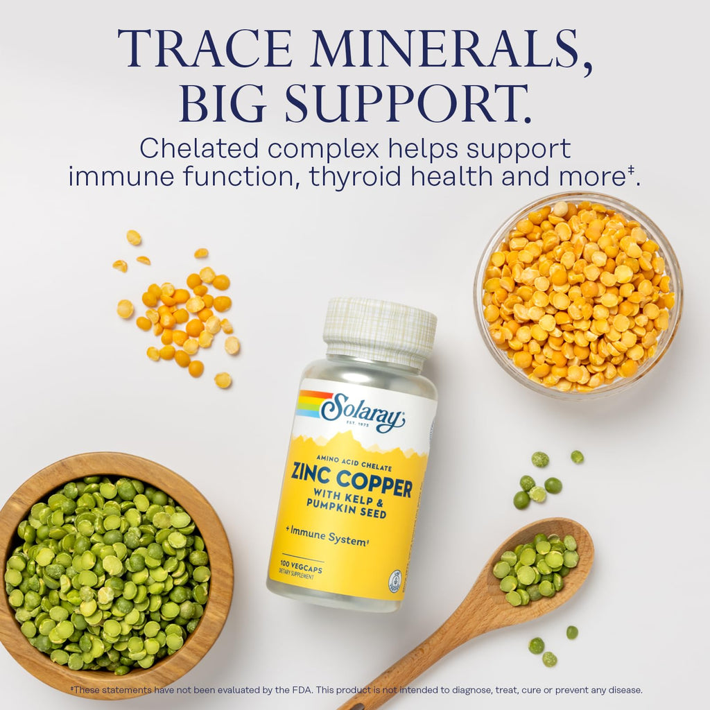 SOLARAY Zinc Copper Amino Acid Chelate, 100 VegCaps | Immune, Bone & Thyroid Support, Chelated Zinc, Copper & Iodine from Kelp, 100 Servings, Lab Verified