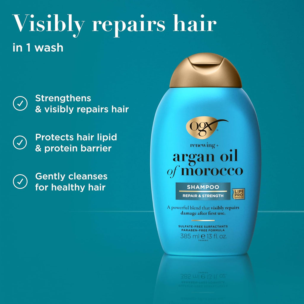 Buy now OGX Renewing + Argan Oil of Morocco Shampoo, Damage Repairing Shampoo & Argan Oil to Help Strengthen & Repair Dry, Damaged Hair, Paraben-Free, Sulfate-Free Surfactants, 13 fl. Oz at indiglob india
