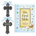 Baby Boy First Bible and 4" Pewter Baptism Guardian Angel Crib Cross (Original Version)-L8