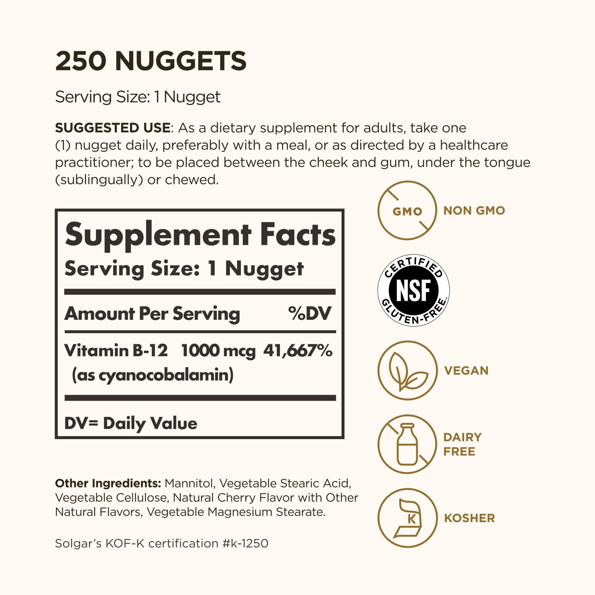 Solgar Vitamin B12 1000 mcg, 250 Nuggets - Supports Production of Energy, Red Blood Cells - Healthy Nervous System - Promotes Cardiovascular Health - Vitamin B - Non-GMO, Gluten Free - 250 Servings