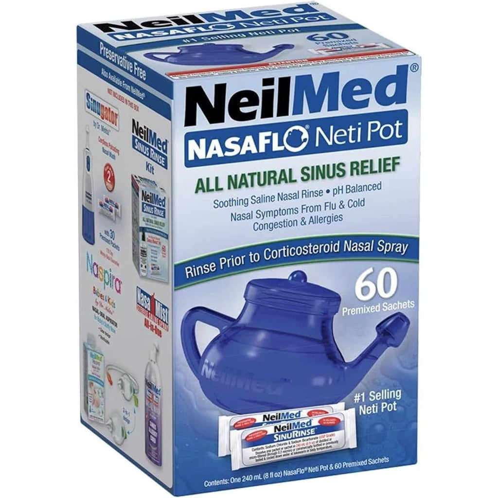 Buy now NeilMed NasaFlo Unbreakable Neti Pot with 60 Premixed Packets at indiglob india