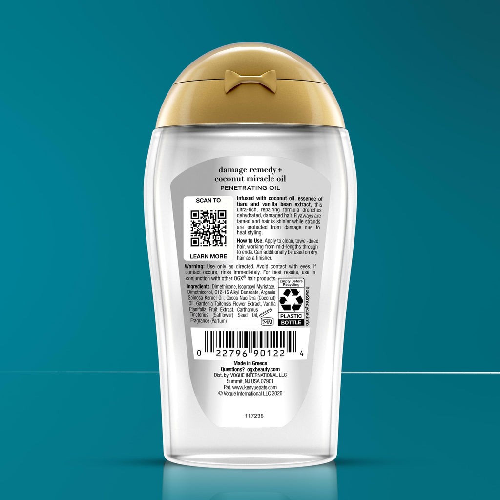 OGX Extra Strength Damage Remedy + Coconut Miracle Hair Oil, 3.3 fl. oz | Penetrating Hair Oil, Extra Hydrating Anti-Frizz, For Coarse, Dry Hair, Paraben-Free