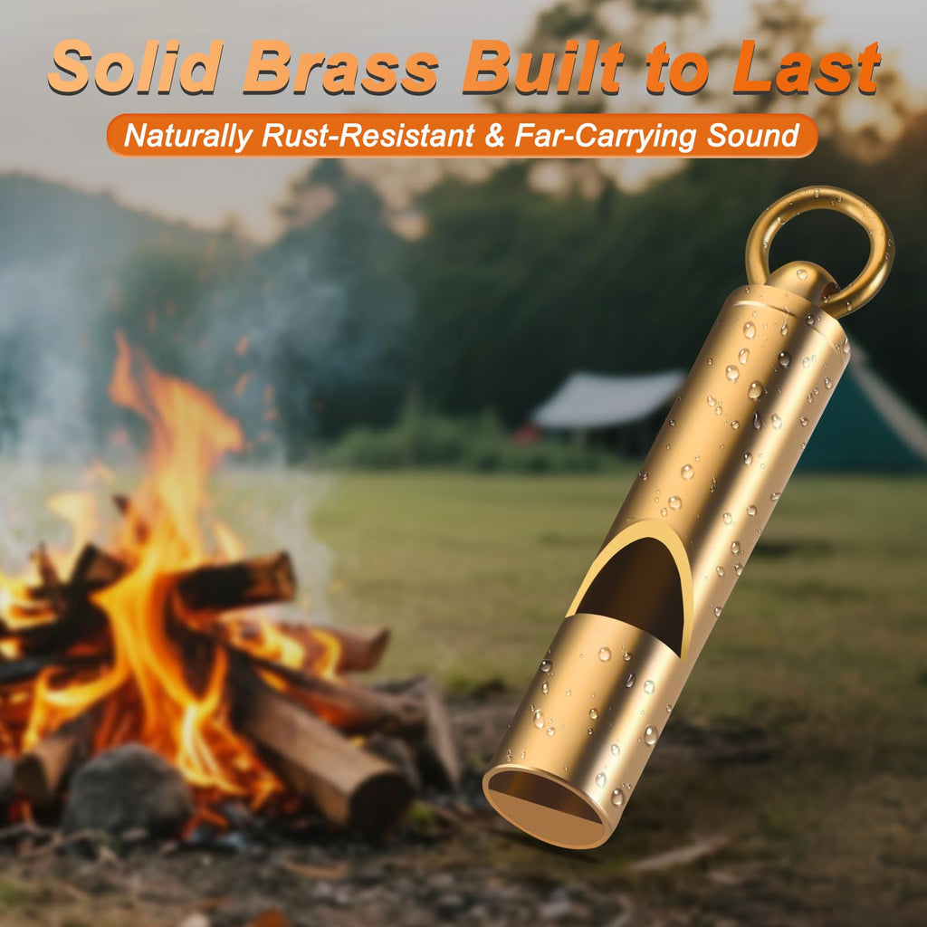 Brass Emergency Whistles 2 Pack with Tangle-Free Lanyard - Pealess Safety Whistle Survival Loud Blast for Kayak Life Vest, Boating, Camping Hiking, Hunting, Adults
