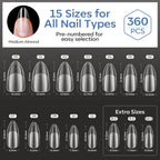 Premium imported Modelones Short Almond Nail Tips featuring 15 sizes for all nail types, pre-numbered for easy selection.