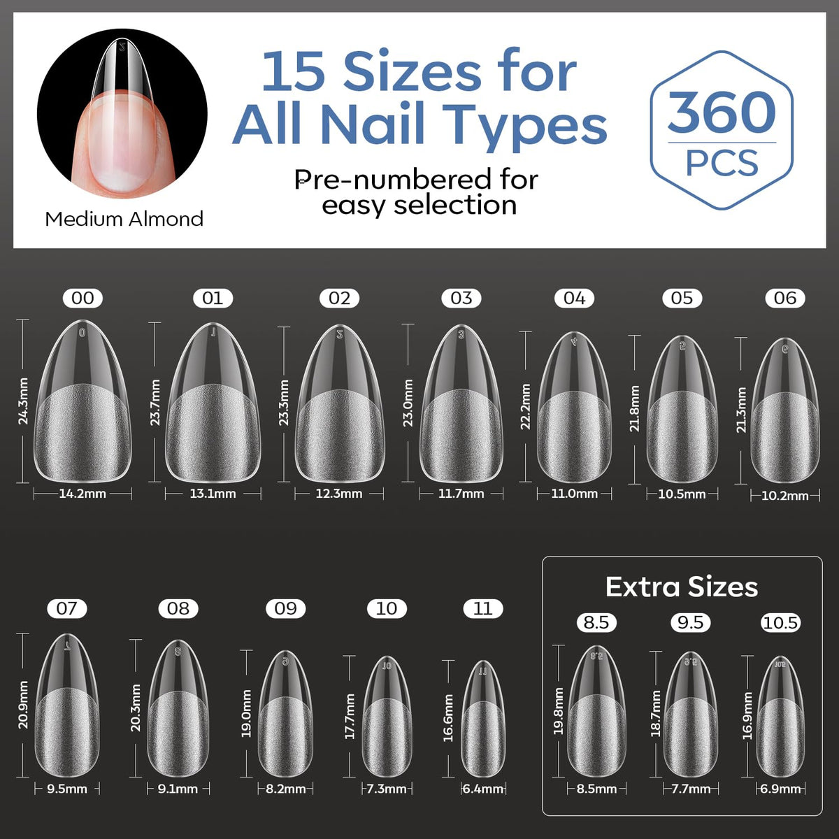 Premium imported Modelones Short Almond Nail Tips featuring 15 sizes for all nail types, pre-numbered for easy selection.