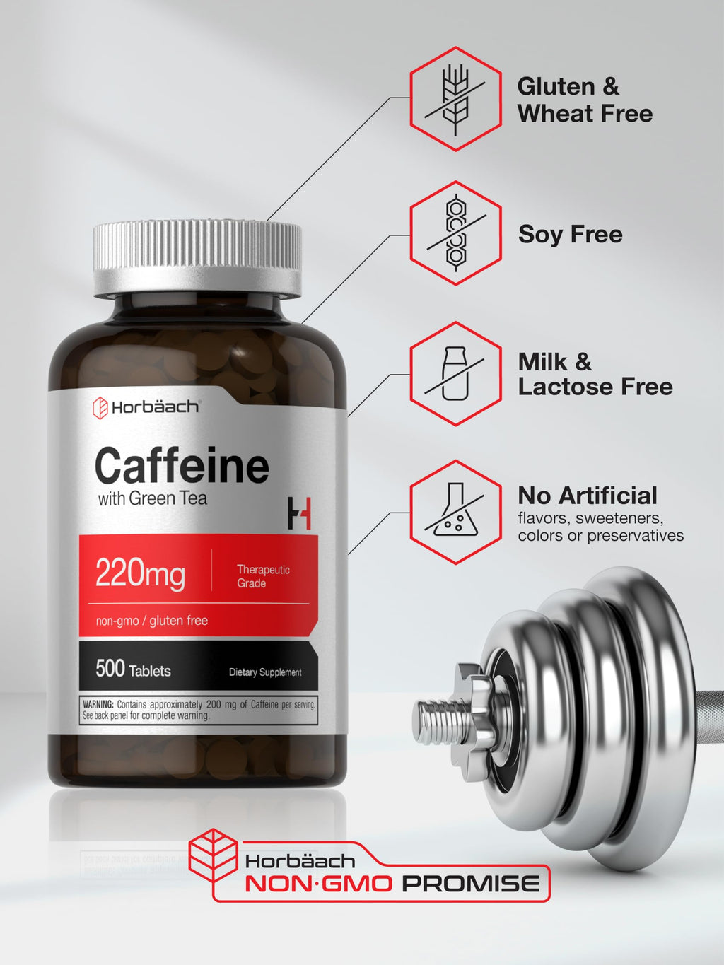 Horbäach Caffeine Pills 220mg with Green Tea | 500 Tablets | Vegetarian, Non-GMO & Gluten Free