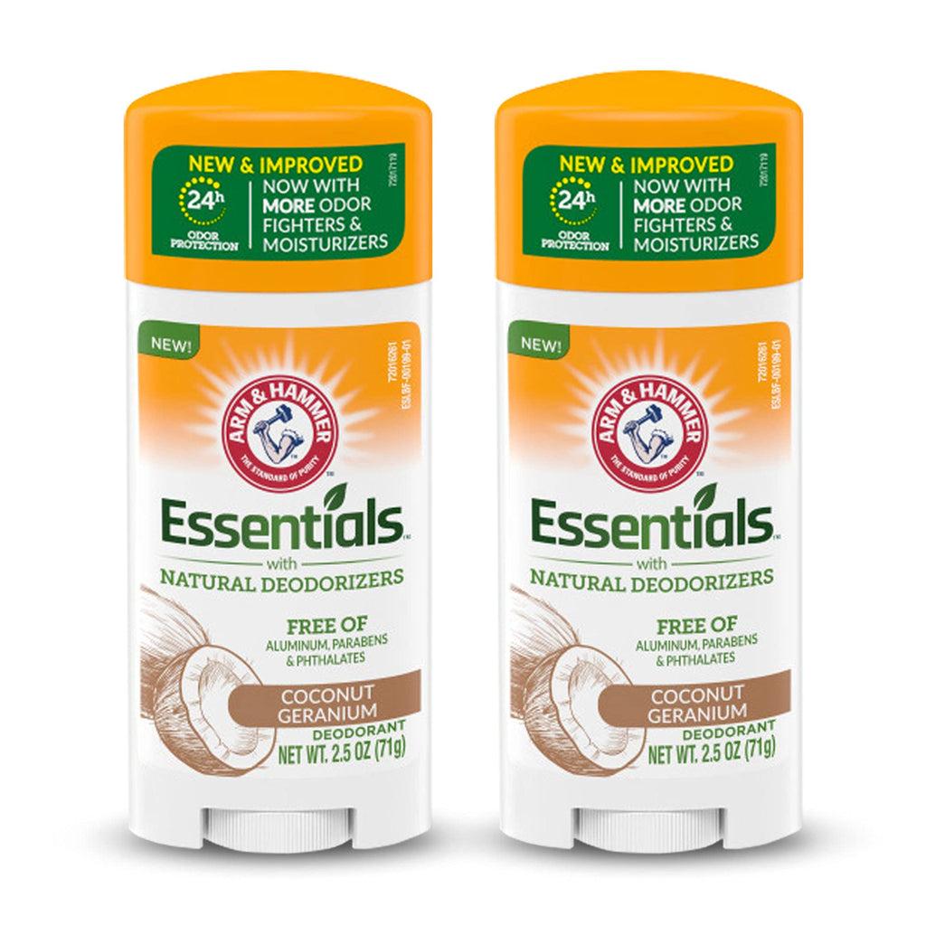 ARM & HAMMER Essentials Deodorant - Made with Natural Deodorizers - Coconut Geranium - Free From Aluminum, Parabens & Phthalates, 2.5 oz (Pack of 3)