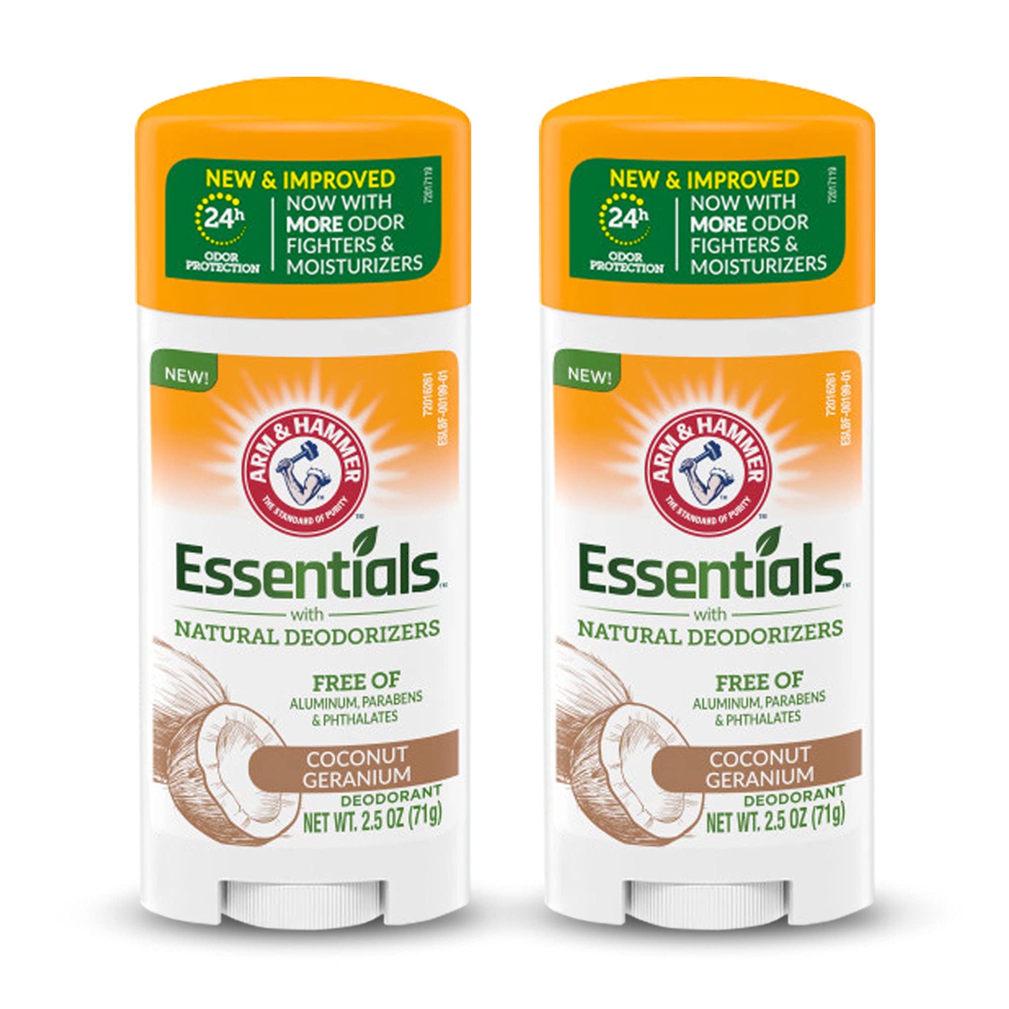 ARM & HAMMER Essentials Deodorant - Made with Natural Deodorizers - Coconut Geranium - Free From Aluminum, Parabens & Phthalates, 2.5 oz (Pack of 3)