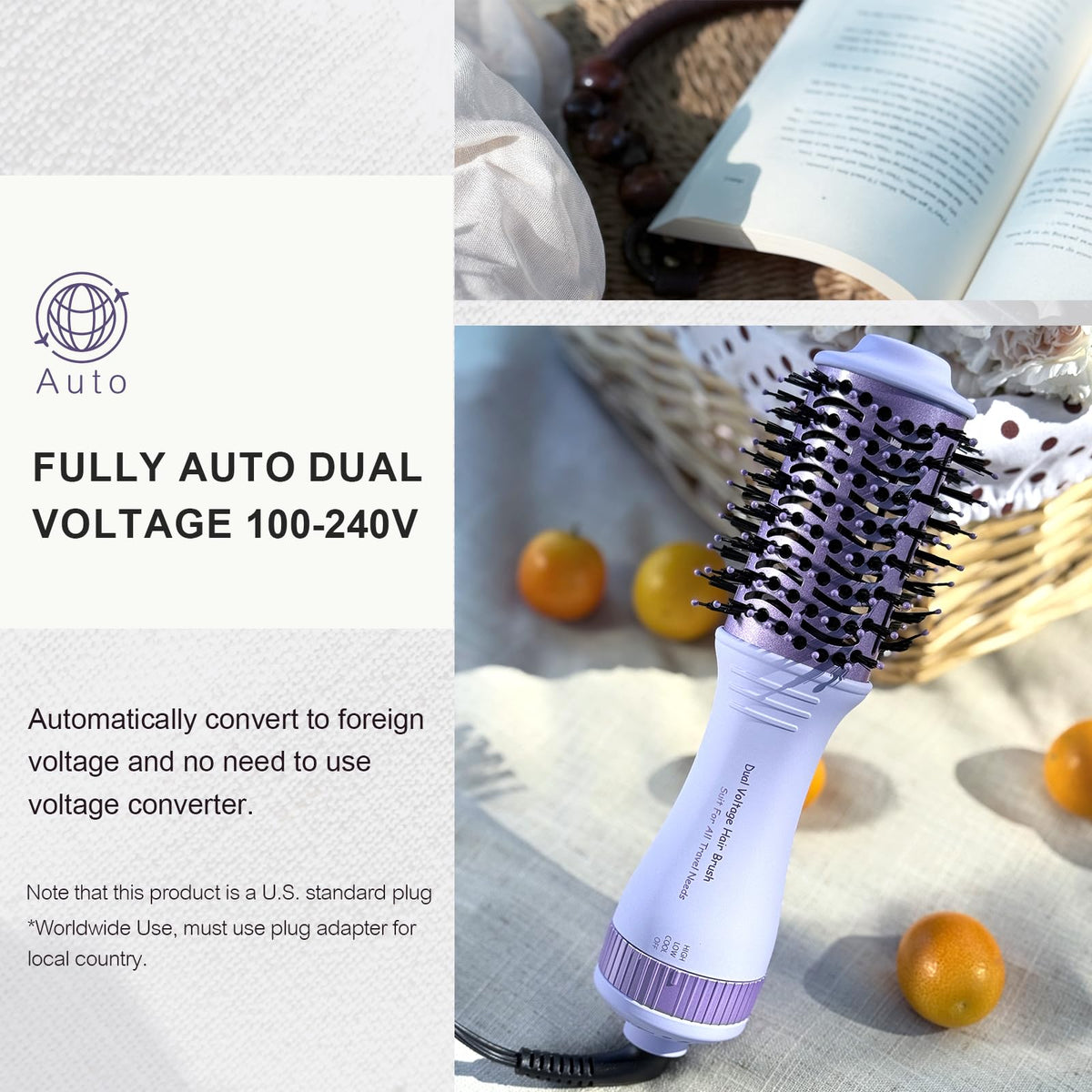 Compact 4-in-1 travel hair dryer with dual voltage (100-240V). Available online; ideal for international travel. Order now!