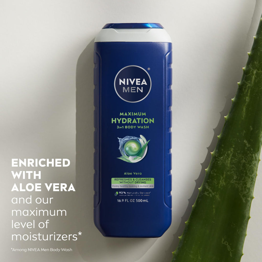 Buy now NIVEA MEN Maximum Hydration Body Wash for Dry Skin, Aloe Vera Enriched, 3-in-1 Moisturizing Body Wash, Face and Hair, Paraben Free, Vegan Formula, 16.9 Fl Oz Bottle, Pack of 3 at indiglob india