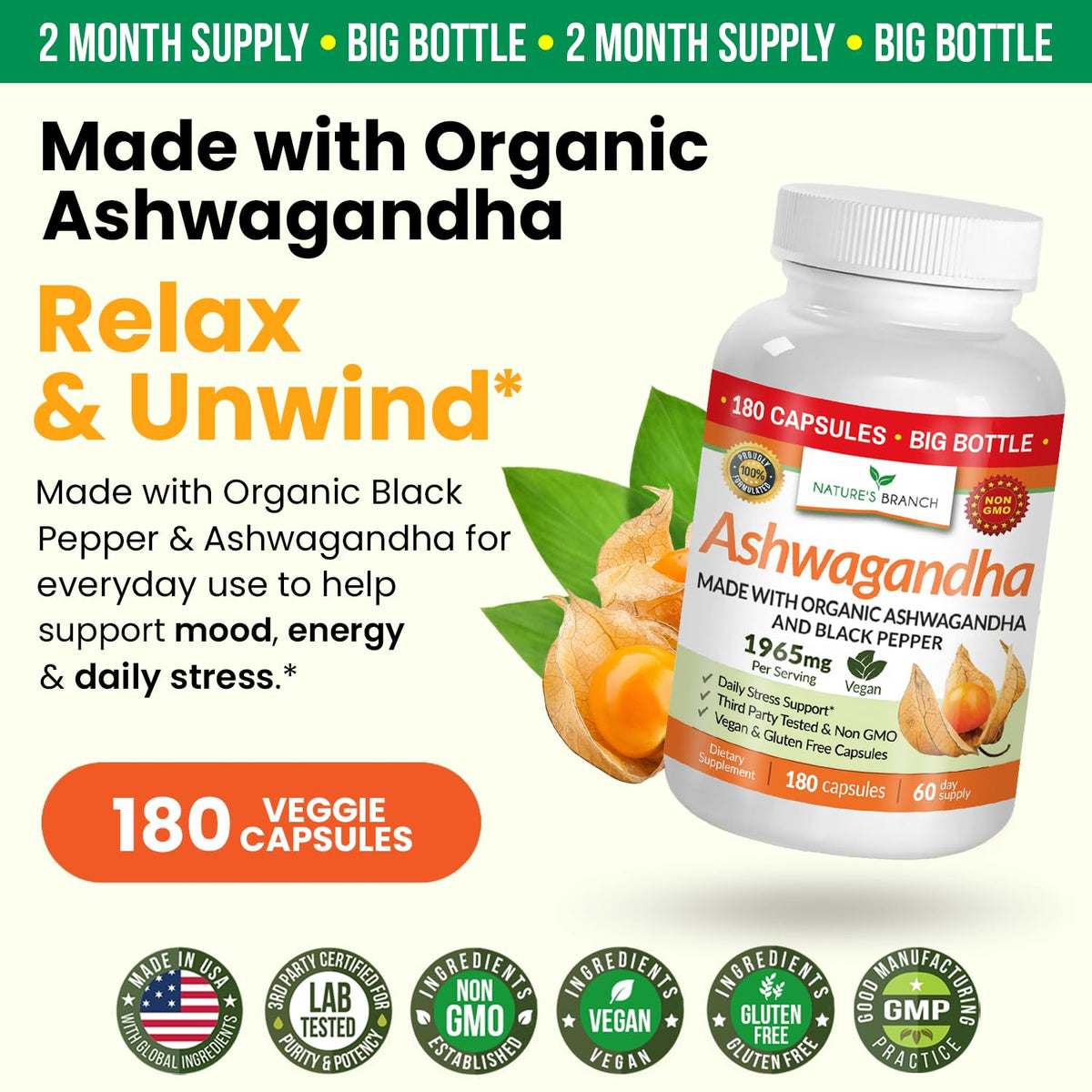 UDAF Certified Organic Ashwagandha with Black Pepper For Stress & Sleep