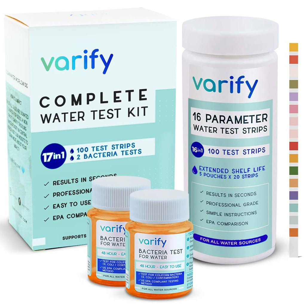 Buy now Varify 17in1 Complete Drinking Water Test Kit - 100 Strips + 2 Bacteria Tester Kits - Well, Tap, Home, City Water Testing Strip for Lead, Alkaline, Chlorine, Hardness, Iron, Fluoride, Copper & More Default at indiglob india