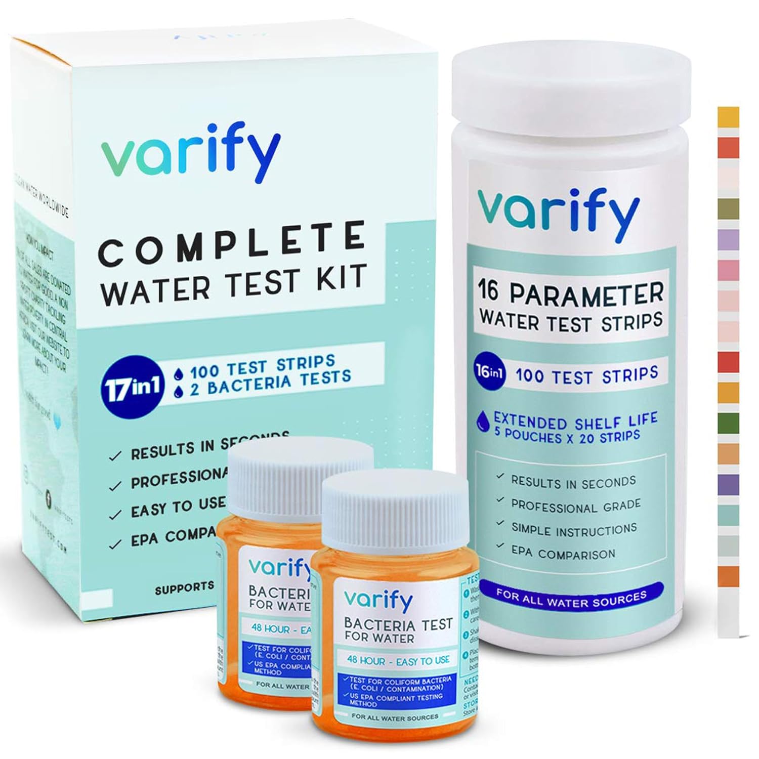 Buy now Varify 17in1 Complete Drinking Water Test Kit - 100 Strips + 2 Bacteria Tester Kits - Well, Tap, Home, City Water Testing Strip for Lead, Alkaline, Chlorine, Hardness, Iron, Fluoride, Copper & More Default at indiglob india