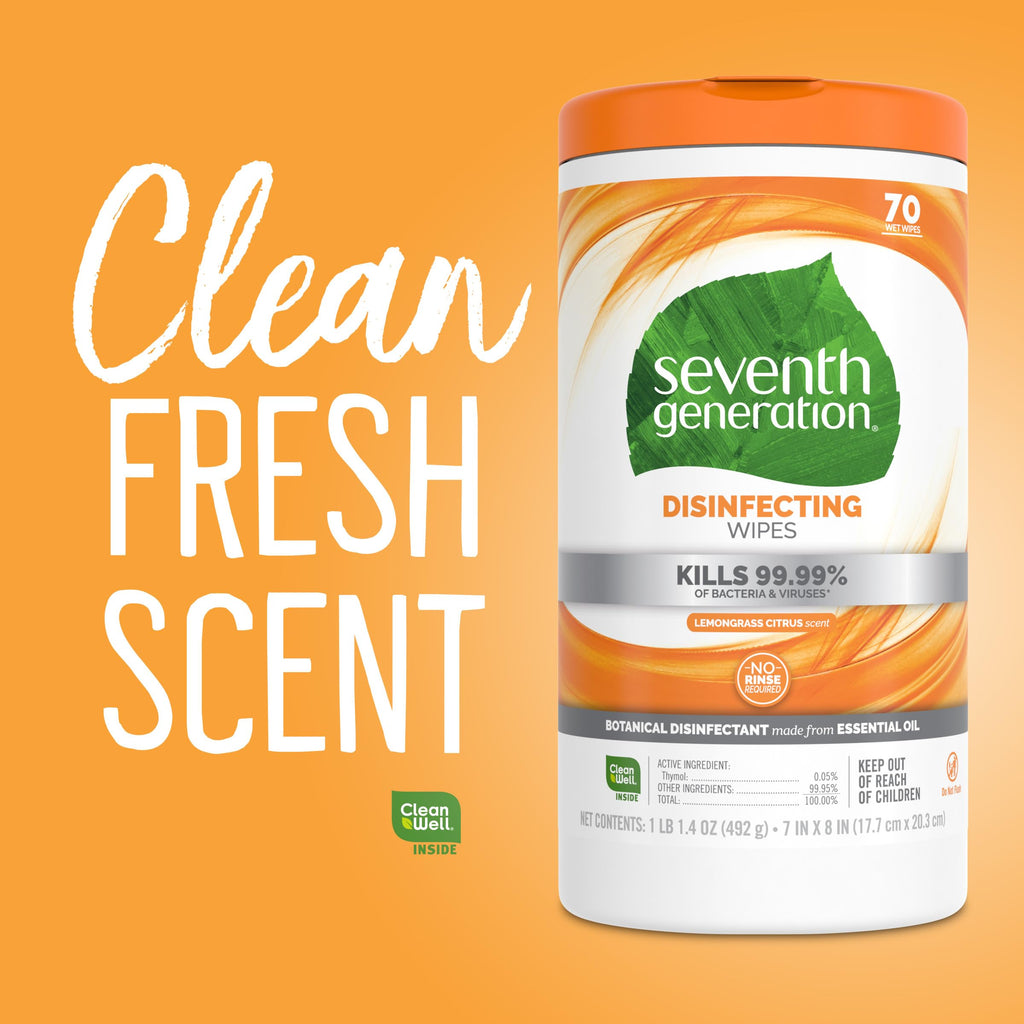 Seventh Generation Disinfecting Multi-Surface Wipes, Lemongrass Citrus Scent, 70 Wipes