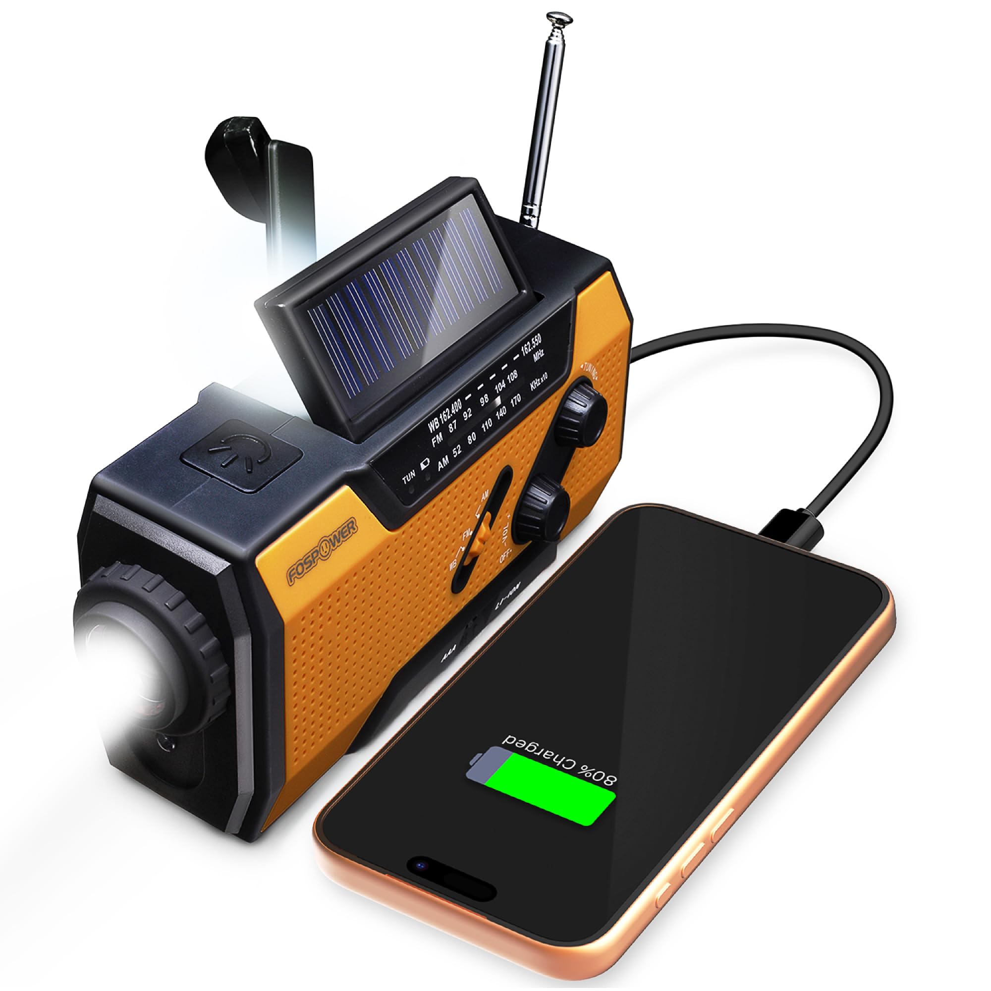Buy now FosPower NOAA Emergency Weather Radio A1 7400mWh Portable Power Bank, AM/FM, USB/Solar/Hand Crank Charging, Battery Operated, SOS Alarm & Flashlight for Indoor/Outdoor Emergency - Orange Model A1 Orange at indiglob india