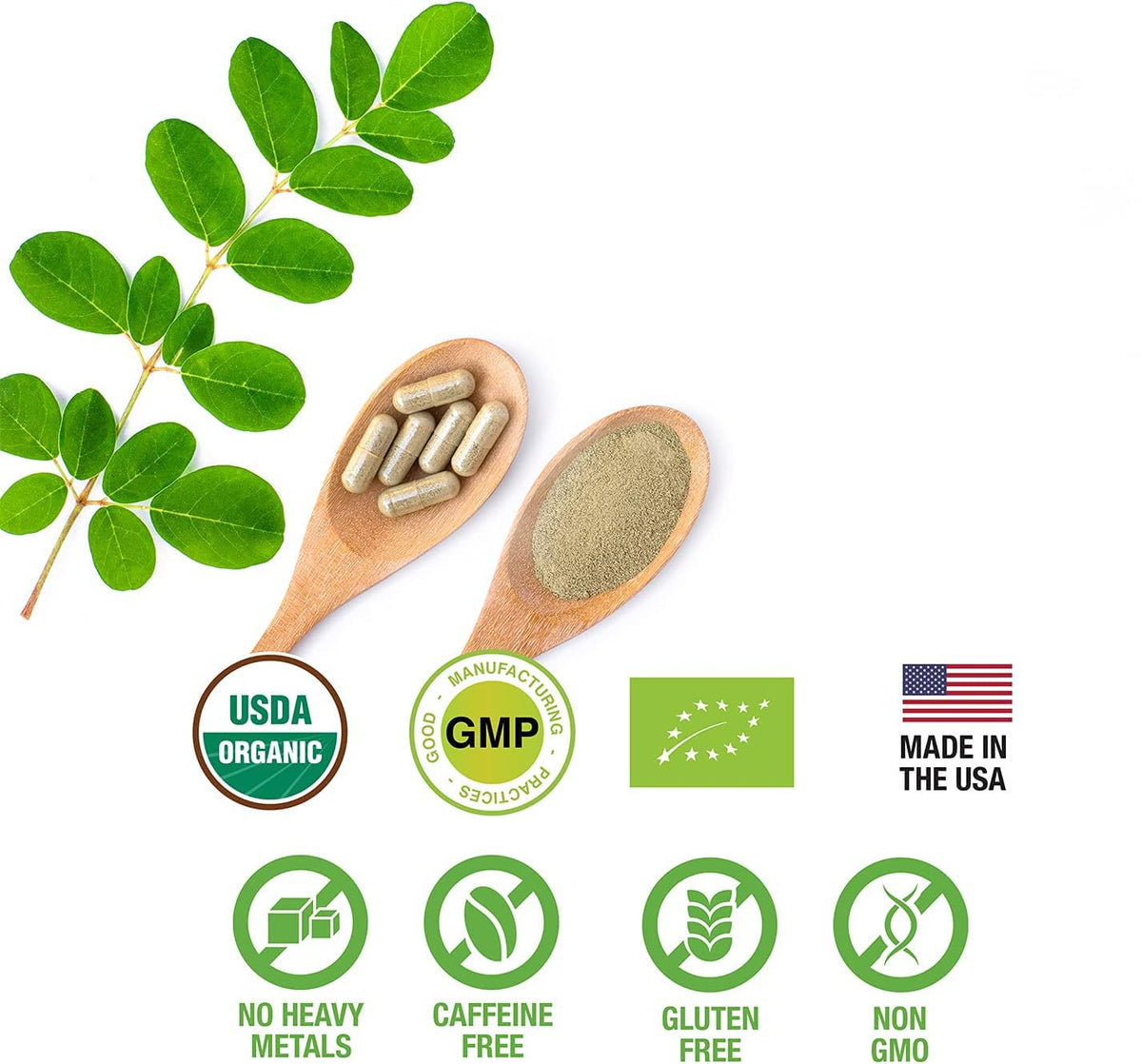 SUPREME HERBALS, 100% Raw and Pure Moringa Leaf Powder Capsules. Organic Certified Moringa Leaf. Natural Superfood with Essential Amino Acids, Antioxidants and Omega 3, 500mg, 120 Capsules.