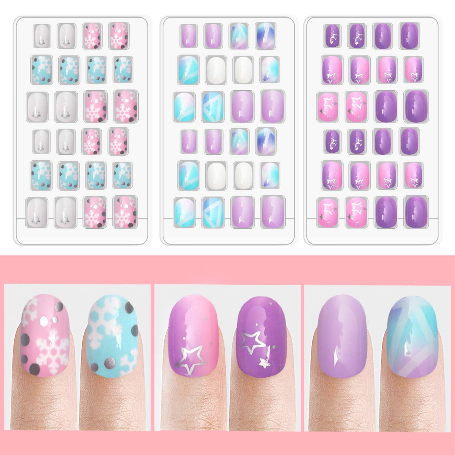 Buy now Laza 120pcs Children Nails Press On Pre-glue Full Cover Nail Tips Kit Glitter Gradient Color Rainbow Short Artificial False Nail Kits Lovely Christmas Gift for Children Kids Girls - Silver Pearl at indiglob india