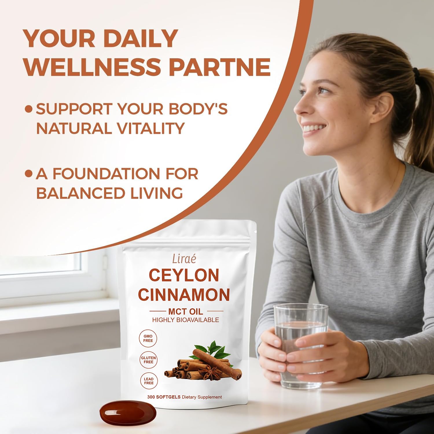 LIRAE Ceylon Cinnamon SoftGels with MCT Oil, Highly Bioavailable Herbal Extract, Non-GMO, Gluten Free - 300 Softgels (1)