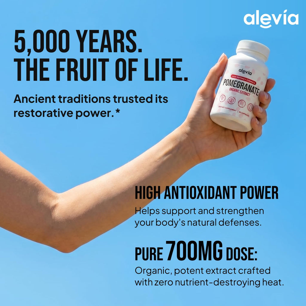 Alevia Organic Pomegranate Capsules 700mg – Pomegranate Fruit Extract Supplement – Organic Pomegranate Extract for Antioxidant, Heart & Energy Support – Ancient Wellness Formula – 60 Capsules