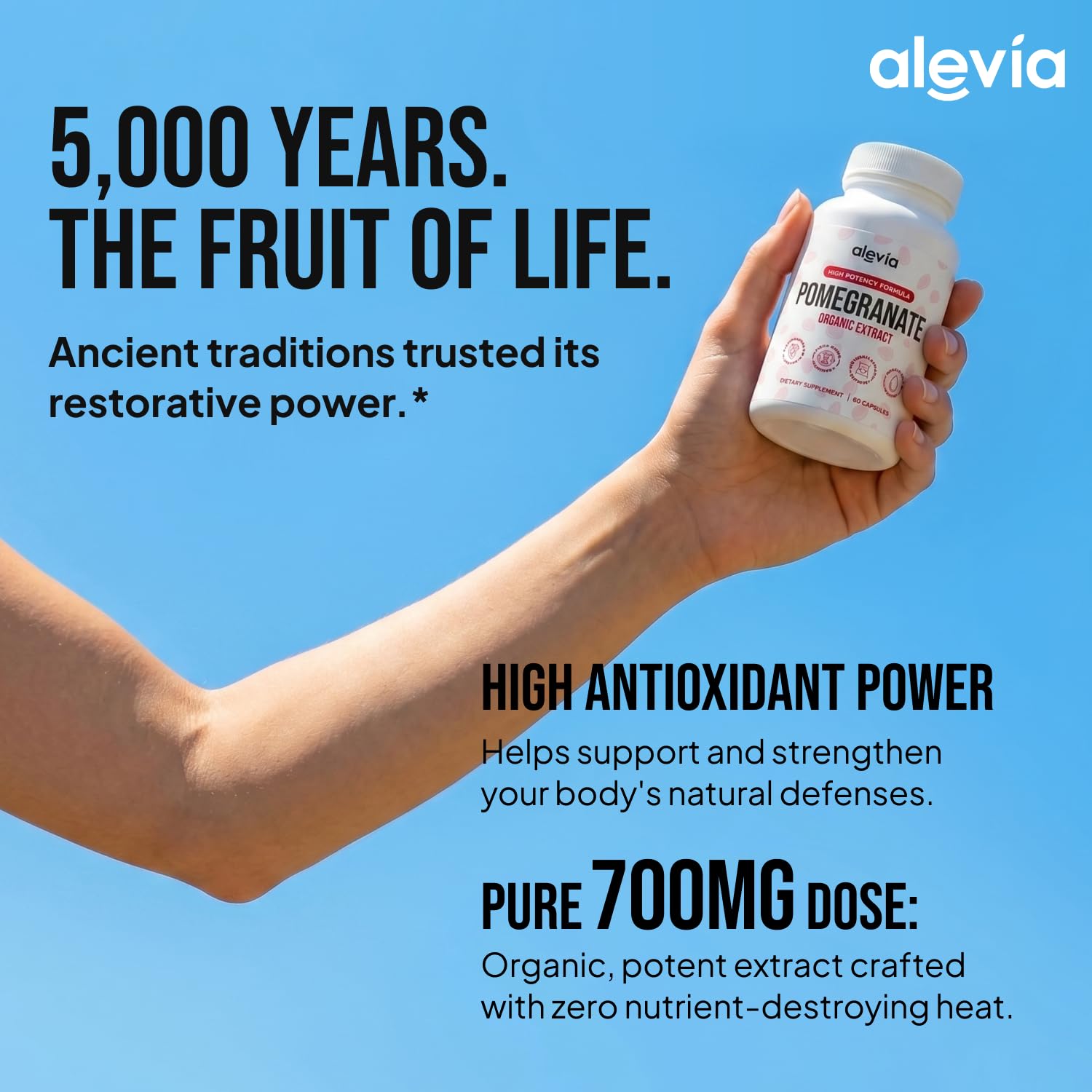 Alevia Organic Pomegranate Capsules 700mg – Pomegranate Fruit Extract Supplement – Organic Pomegranate Extract for Antioxidant, Heart & Energy Support – Ancient Wellness Formula – 60 Capsules