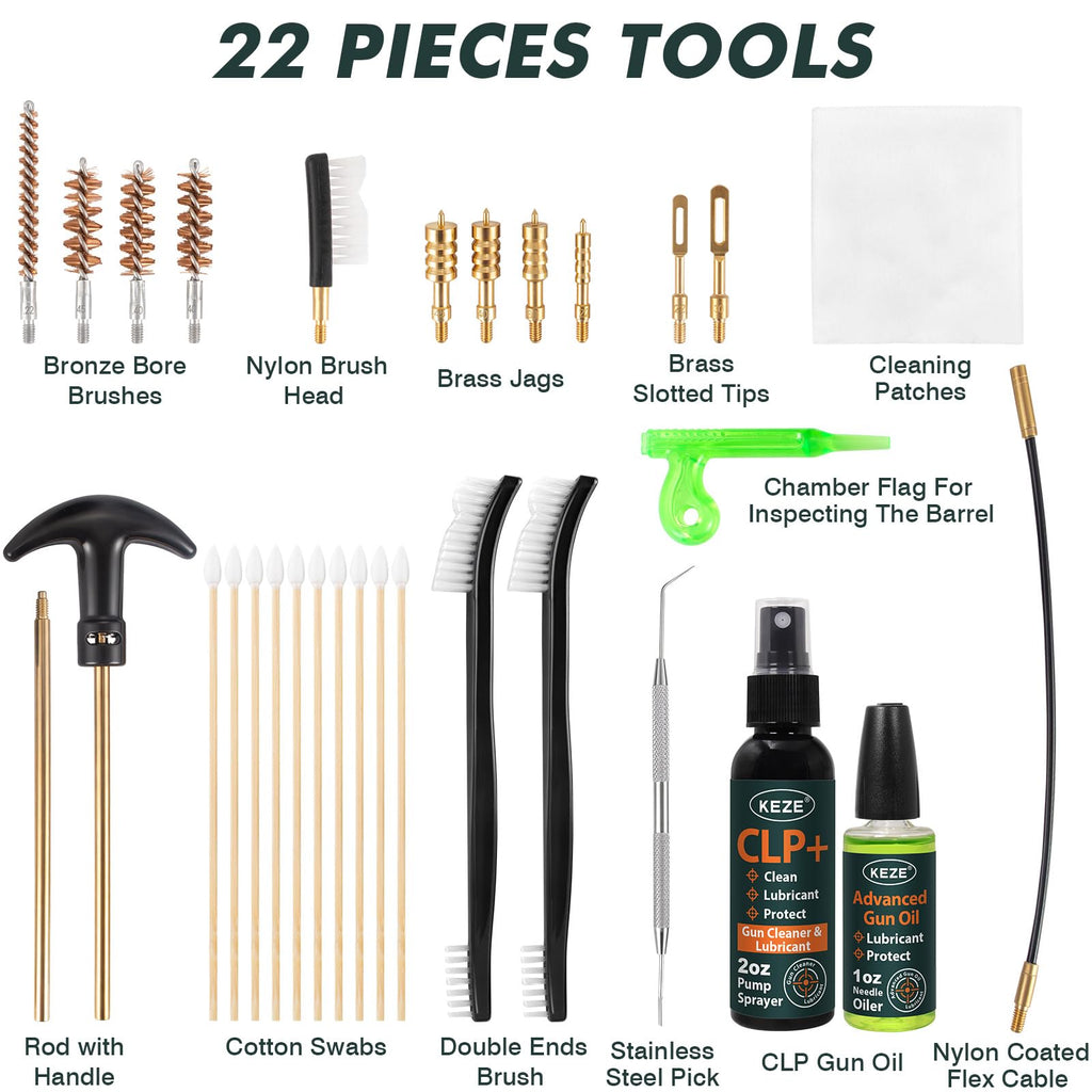 Keze Gun Cleaning Kit 9mm,.22,.357,.38,.45 with Gun Oil 1 oz. & CLP Cleaner Lubricant 2 oz. Handgun Shotgun Rifle and Pistol Cleaning Kits with Caliber Brass Brush and Brass Jag Adapter Portable Case