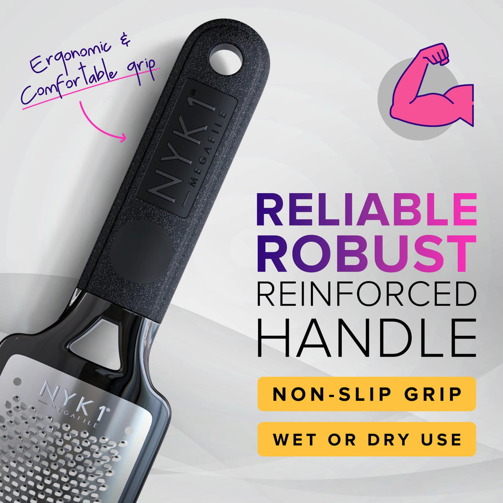 NYK1 RUSTPROOF Foot File Callus Remover for Feet with Catcher | XL Size | MegaFile Hard Skin Remover Foot Scraper for Wet and Dry Use - Non-Slip Textured Grip for Smooth, Soft & Callus-Free Feet