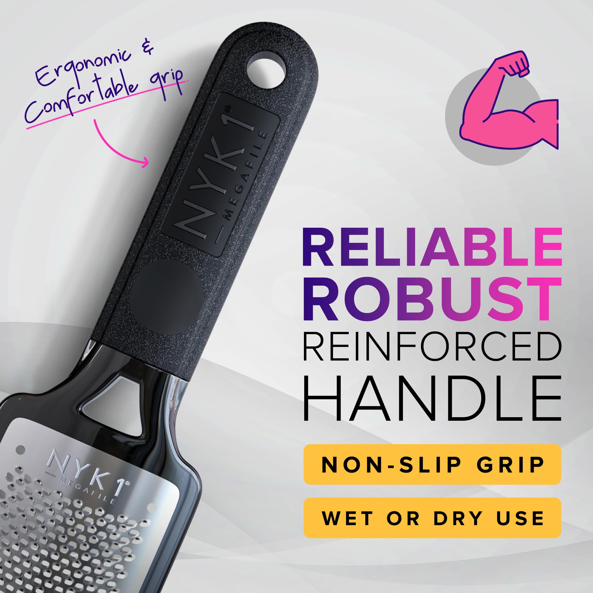 NYK1 RUSTPROOF Foot File Callus Remover for Feet with Catcher | XL Size | MegaFile Hard Skin Remover Foot Scraper for Wet and Dry Use - Non-Slip Textured Grip for Smooth, Soft & Callus-Free Feet