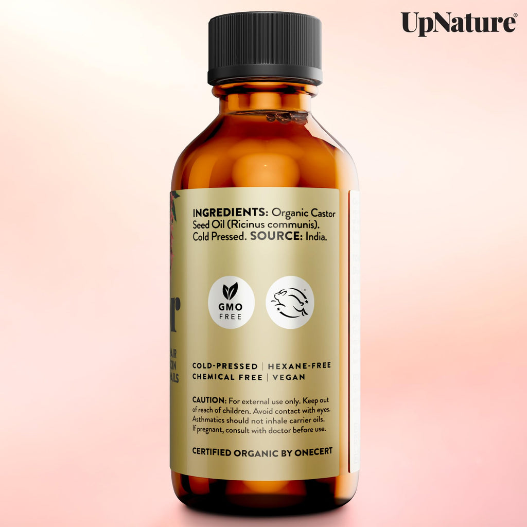 UpNature Castor Oil Eyelash & Eyebrow Growth Serum, USDA Organic, 2oz | Includes mascara wand & brow brush applicators - pure cold-pressed castor oil for lashes, eyebrows & hair growth