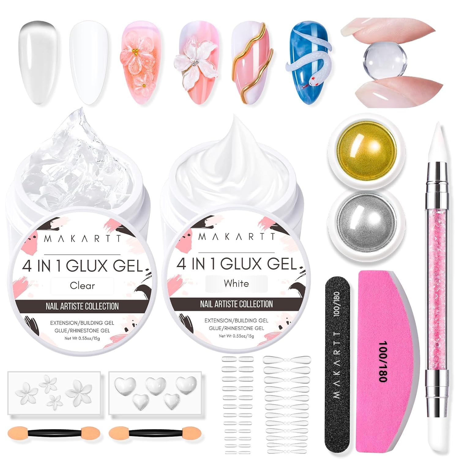 Makartt 3D Gel Nail Art, Clear Non-Sticky 4-in-1 Glux Gel | For Molding, Carving, Shaping, Raised Designs and Nail Extension, UV/LED Cure, Home DIY and Professional Nail Art, 15g