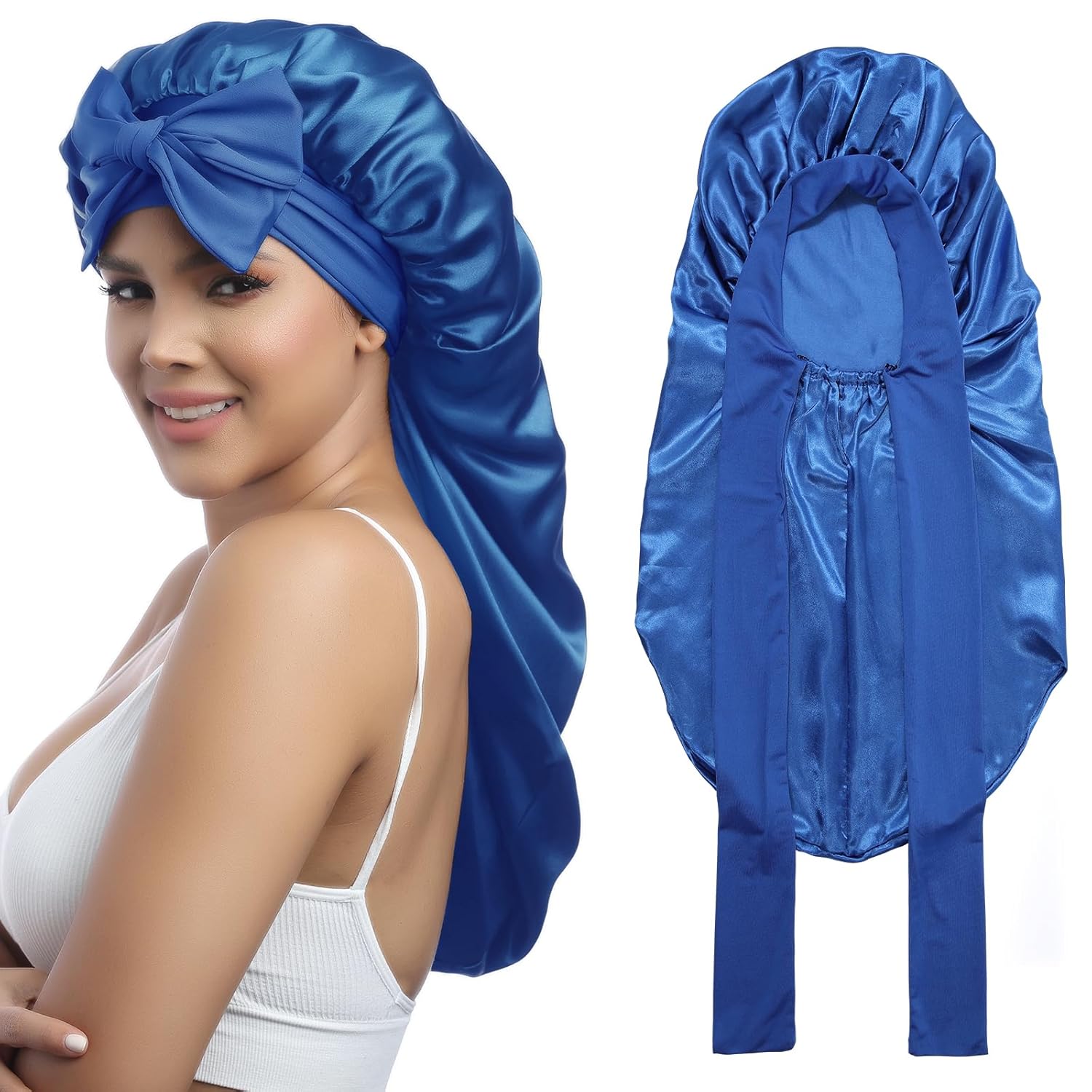 Buy now AWAYTR Long Satin Bonnet for Women - Double Layer Elastic Silk Bonnet for Braids Hair Sleeping Cap with Tie Band (Rose Gold) One Size Royal Blue at indiglob india