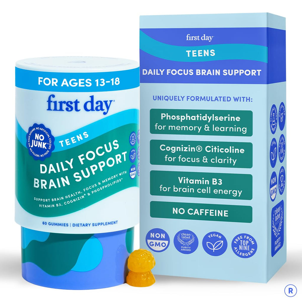 Teen Focus Gummies with Cognizin Citicoline, PS & Vitamin B3 for Ages 13-18 | Brain gummies for teens with Cognizin® citicoline and phosphatidylserine; caffeine-free choline gummies for focus and memory